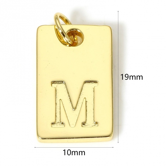 Picture of 1 Piece Brass Charms 18K Real Gold Plated Rectangle Initial Alphabet/ Capital Letter Message " M " 19mm x 10mm