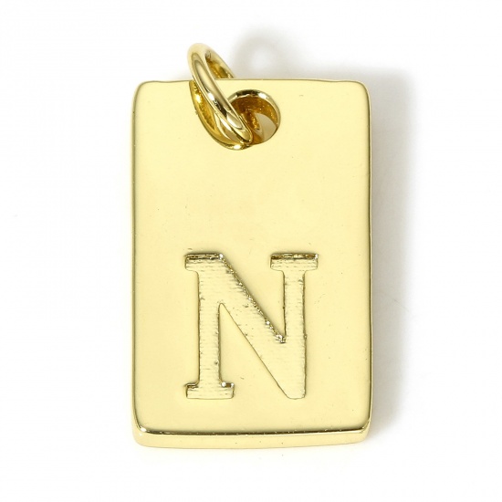Picture of 1 Piece Copper Charms 18K Real Gold Plated Rectangle Initial Alphabet/ Capital Letter Message " N " 19mm x 10mm