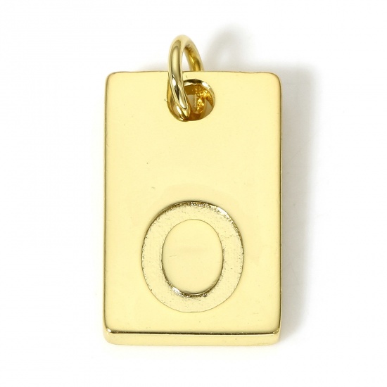 Picture of 1 Piece Copper Charms 18K Real Gold Plated Rectangle Initial Alphabet/ Capital Letter Message " O " 19mm x 10mm