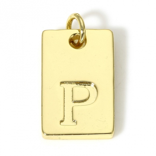 Picture of 1 Piece Copper Charms 18K Real Gold Plated Rectangle Initial Alphabet/ Capital Letter Message " P " 19mm x 10mm
