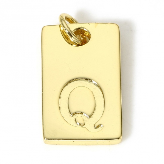 Picture of 1 Piece Copper Charms 18K Real Gold Plated Rectangle Initial Alphabet/ Capital Letter Message " Q " 19mm x 10mm