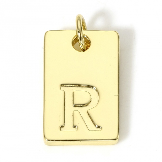 Picture of 1 Piece Copper Charms 18K Real Gold Plated Rectangle Initial Alphabet/ Capital Letter Message " R " 19mm x 10mm