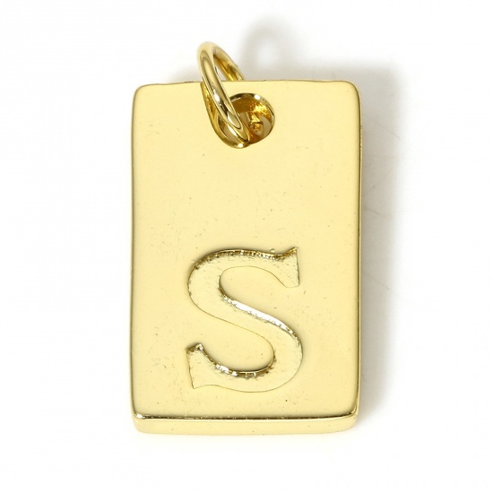 Picture of 1 Piece Copper Charms 18K Real Gold Plated Rectangle Initial Alphabet/ Capital Letter Message " S " 19mm x 10mm