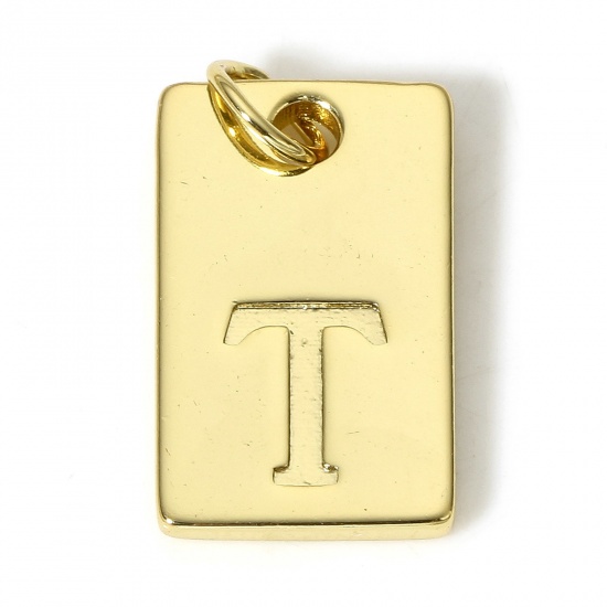 Picture of 1 Piece Copper Charms 18K Real Gold Plated Rectangle Initial Alphabet/ Capital Letter Message " T " 19mm x 10mm
