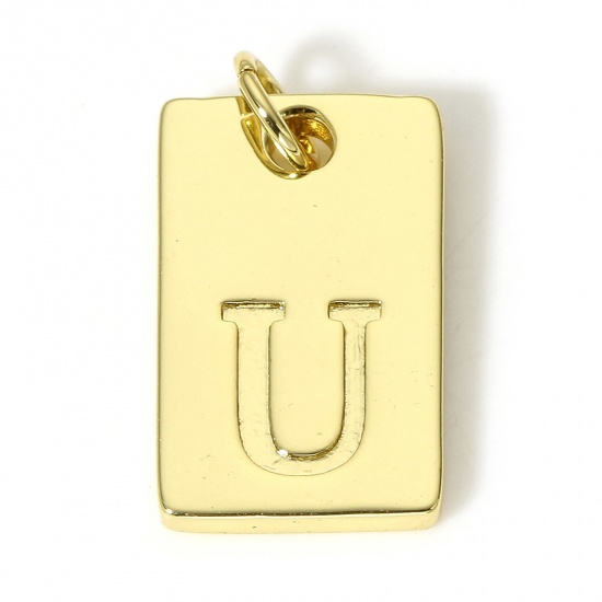 Picture of 1 Piece Copper Charms 18K Real Gold Plated Rectangle Initial Alphabet/ Capital Letter Message " U " 19mm x 10mm