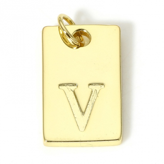 Picture of 1 Piece Copper Charms 18K Real Gold Plated Rectangle Initial Alphabet/ Capital Letter Message " V " 19mm x 10mm