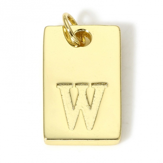 Picture of 1 Piece Copper Charms 18K Real Gold Plated Rectangle Initial Alphabet/ Capital Letter Message " W " 19mm x 10mm