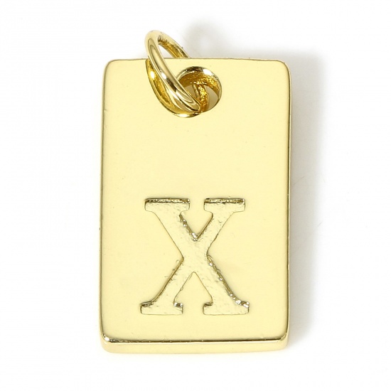 Picture of 1 Piece Copper Charms 18K Real Gold Plated Rectangle Initial Alphabet/ Capital Letter Message " X " 19mm x 10mm