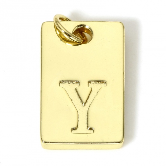 Picture of 1 Piece Copper Charms 18K Real Gold Plated Rectangle Initial Alphabet/ Capital Letter Message " Y " 19mm x 10mm