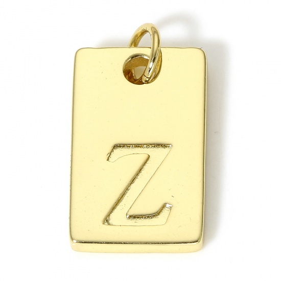 Picture of 1 Piece Copper Charms 18K Real Gold Plated Rectangle Initial Alphabet/ Capital Letter Message " Z " 19mm x 10mm