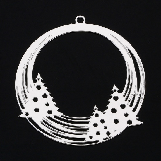 Picture of 5 PCs 304 Stainless Steel Pendants Silver Tone Round Tree Filigree Stamping 3.2cm x 3cm