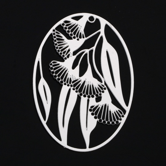 Bild von 5 Stück 304 Edelstahl Anhänger Oval Silberfarbe Blume Blätter Filigran Stempel Verzierung 4.1cm x 2.9cm