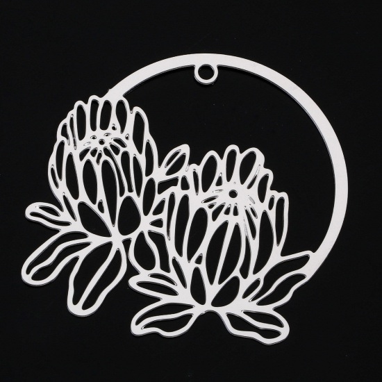 Picture of 5 PCs 304 Stainless Steel Pendants Silver Tone Circle Ring Chrysanthemum Flower Filigree Stamping 4.1cm x 3.8cm