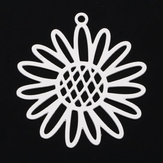 Picture of 5 PCs 304 Stainless Steel Pendants Silver Tone Sunflower Filigree Stamping 3.4cm x 3.1cm