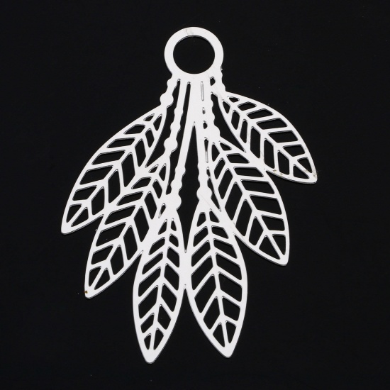 Picture of 5 PCs 304 Stainless Steel Pendants Silver Tone Leaf Filigree Stamping 5cm x 3.5cm