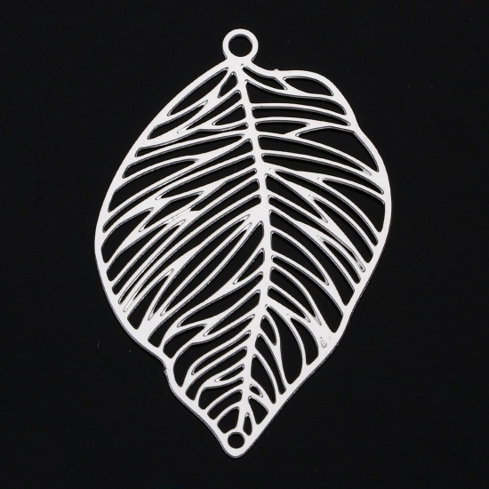 Picture of 5 PCs 304 Stainless Steel Pendants Silver Tone Leaf Filigree Stamping 3.7cm x 2.4cm