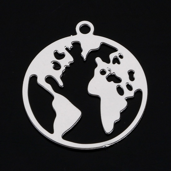 Imagen de 5 Unidades 304 Acero Inoxidable Colgantes Ronda Tono de Plata Mapa Filigrana Estampación 20mm x 18mm