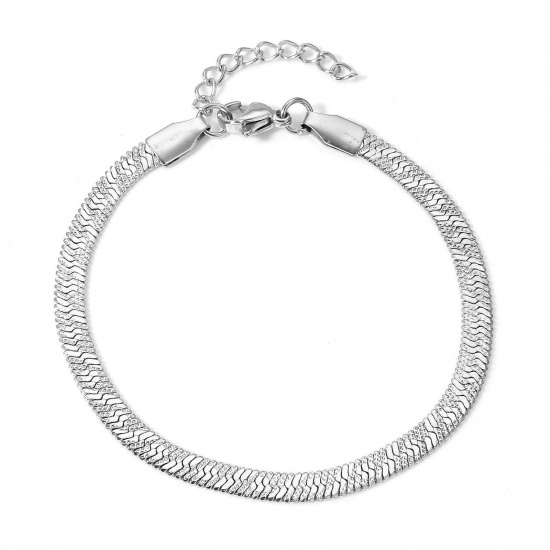 Picture of 1 Piece Eco-friendly 304 Stainless Steel Snake Chain Bracelets Silver Tone Stripe 17cm(6 6/8") long