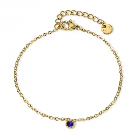 Immagine di 1 Pz Placcatura Sottovuoto 304 Acciaio Inossidabile Cavo Catena Braccialetti Placcato Oro 18K Blu Notte Strass Con Ciondolo 17cm Lunghezza