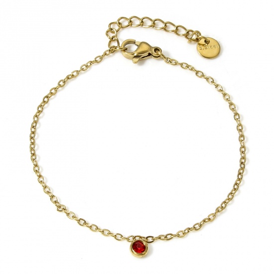 Immagine di 1 Pz Placcatura Sottovuoto 304 Acciaio Inossidabile Cavo Catena Braccialetti Placcato Oro 18K Rosso Strass Con Ciondolo 17cm Lunghezza