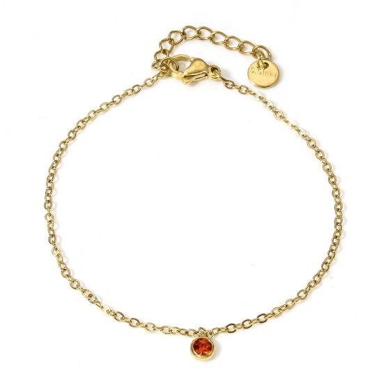 Immagine di 1 Pz Placcatura Sottovuoto 304 Acciaio Inossidabile Cavo Catena Braccialetti Placcato Oro 18K Arancione-Rosso Strass Con Ciondolo 17cm Lunghezza