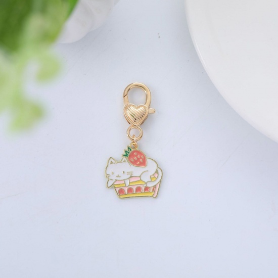 Picture of 1 Piece Cute Keychain & Keyring Gold Plated Cup Cat Enamel 5cm x 1.7cm