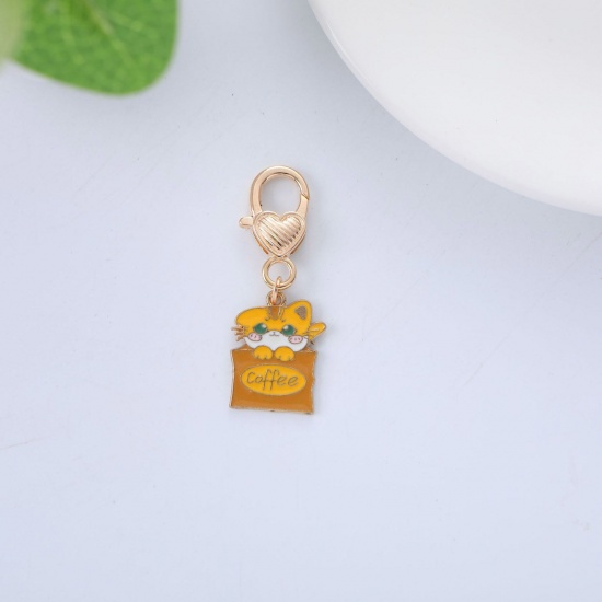 Picture of 1 Piece Cute Keychain & Keyring Gold Plated Cup Cat Enamel 5cm x 1.7cm