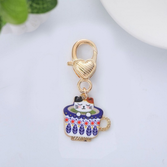 Picture of 1 Piece Cute Keychain & Keyring Gold Plated Cup Cat Enamel 5cm x 1.7cm