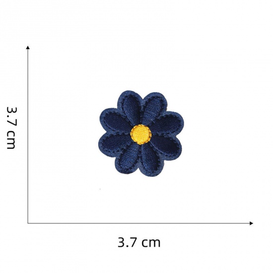 Picture of 5 PCs Polyester Iron On Patches Appliques (With Glue Back) DIY Sewing Craft Clothing Decoration Navy Blue Flower 3.7cm x 3.7cm
