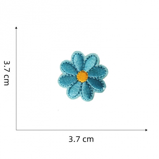 Picture of 5 PCs Polyester Iron On Patches Appliques (With Glue Back) DIY Sewing Craft Clothing Decoration Blue Flower 3.7cm x 3.7cm