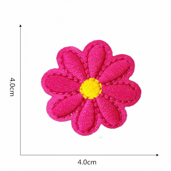 Picture of 5 PCs Polyester Iron On Patches Appliques (With Glue Back) DIY Sewing Craft Clothing Decoration Fuchsia Flower 4cm x 4cm