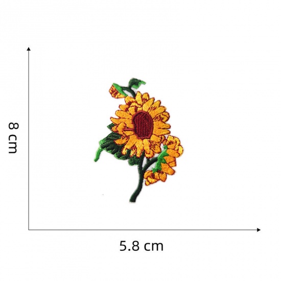 Picture of 5 PCs Polyester Iron On Patches Appliques (With Glue Back) DIY Sewing Craft Clothing Decoration Yellow Sunflower 8cm x 5.8cm