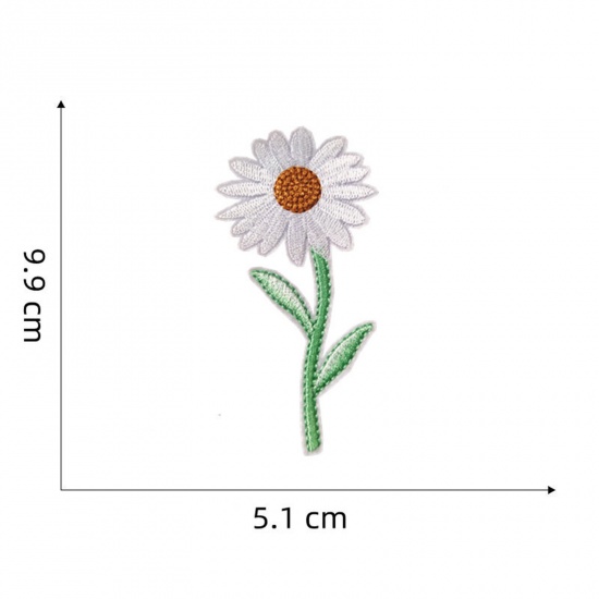 Picture of 5 PCs Polyester Iron On Patches Appliques (With Glue Back) DIY Sewing Craft Clothing Decoration White Daisy Flower 9.9cm x 5.1cm