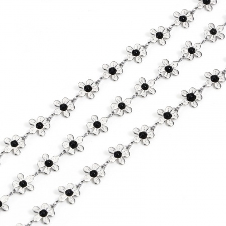 Picture of 1 M (Approx 3.28 Foot) 304 Stainless Steel Handmade Link Chain For Handmade DIY Jewelry Making Findings Flower Silver Tone Black 6mm