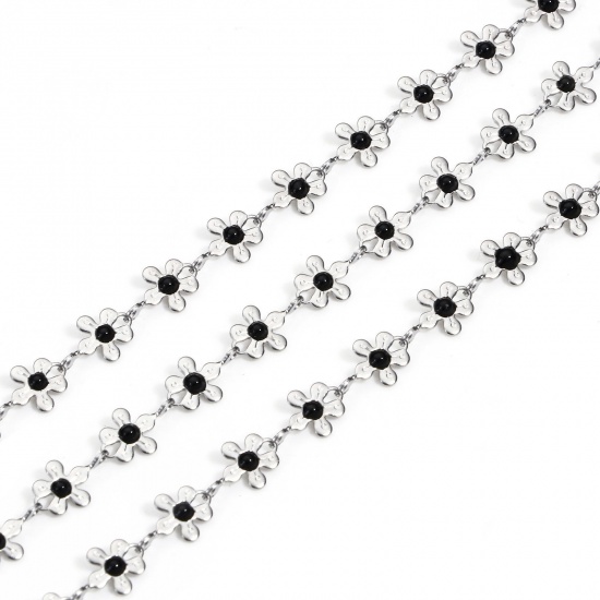 Picture of 1 M 304 Stainless Steel Handmade Link Chain For Handmade DIY Jewelry Making Findings Flower Silver Tone Black 6mm