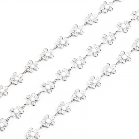 Picture of 1 M (Approx 3.28 Foot) 304 Stainless Steel Handmade Link Chain For Handmade DIY Jewelry Making Findings Flower Silver Tone White 6mm