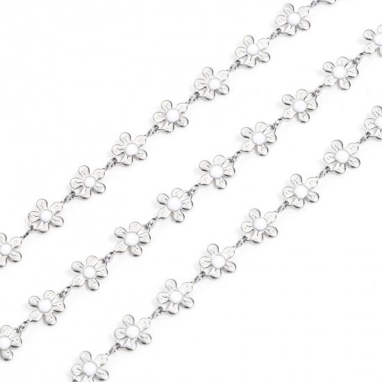 Picture of 1 M 304 Stainless Steel Handmade Link Chain For Handmade DIY Jewelry Making Findings Flower Silver Tone White 6mm