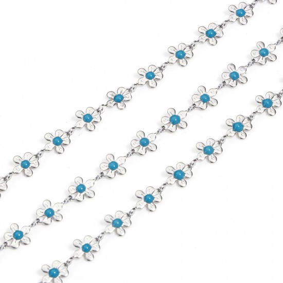 Picture of 1 M 304 Stainless Steel Handmade Link Chain For Handmade DIY Jewelry Making Findings Flower Silver Tone Lake Blue 6mm