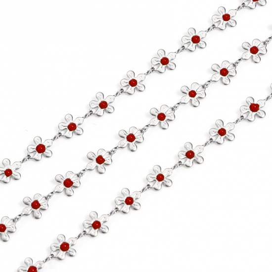 Picture of 1 M 304 Stainless Steel Handmade Link Chain For Handmade DIY Jewelry Making Findings Flower Silver Tone Red 6mm
