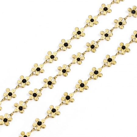 Picture of 1 M (Approx 3.28 Foot) Eco-friendly PVD Vacuum Plating 304 Stainless Steel Handmade Link Chain For Handmade DIY Jewelry Making Findings Flower 18K Gold Plated Black 6mm