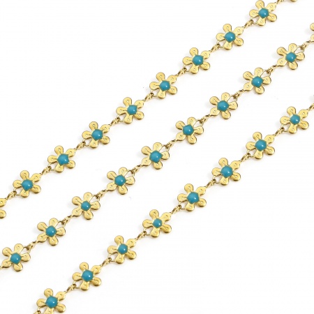 Picture of 1 M (Approx 3.28 Foot) Eco-friendly PVD Vacuum Plating 304 Stainless Steel Handmade Link Chain For Handmade DIY Jewelry Making Findings Flower 18K Gold Plated Lake Blue 6mm