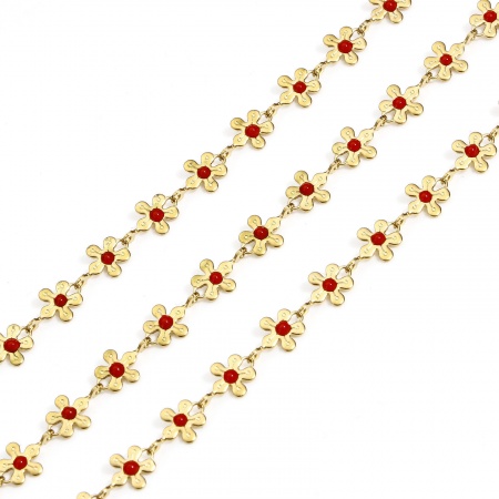 Picture of 1 M (Approx 3.28 Foot) Eco-friendly PVD Vacuum Plating 304 Stainless Steel Handmade Link Chain For Handmade DIY Jewelry Making Findings Flower 18K Gold Plated Red 6mm