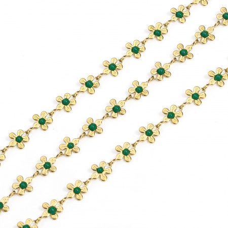 Picture of 1 M (Approx 3.28 Foot) Eco-friendly PVD Vacuum Plating 304 Stainless Steel Handmade Link Chain For Handmade DIY Jewelry Making Findings Flower 18K Gold Plated Green 6mm