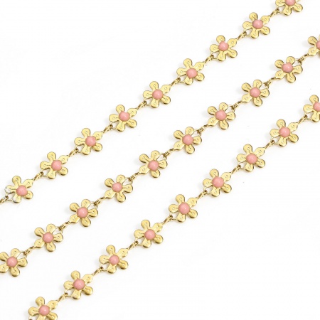 Picture of 1 M (Approx 3.28 Foot) Eco-friendly PVD Vacuum Plating 304 Stainless Steel Handmade Link Chain For Handmade DIY Jewelry Making Findings Flower 18K Gold Plated Pink 6mm