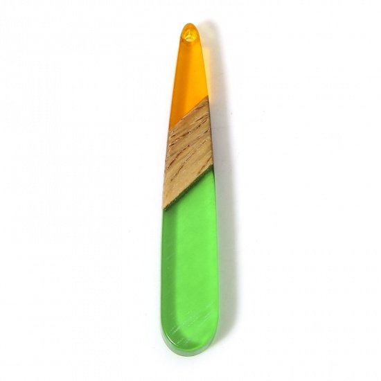 Picture of 5 PCs Wood Effect Resin Pendants Green Drop 4.4cm x 0.8cm