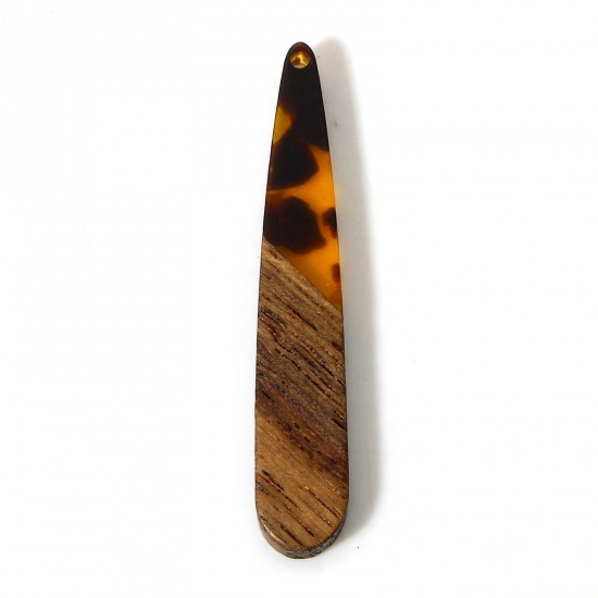 5 個 木目調樹脂 ペンダント 黒+オレンジ色 滴 ドロップ 砂利チップ 4.4cm x 0.8cm の画像