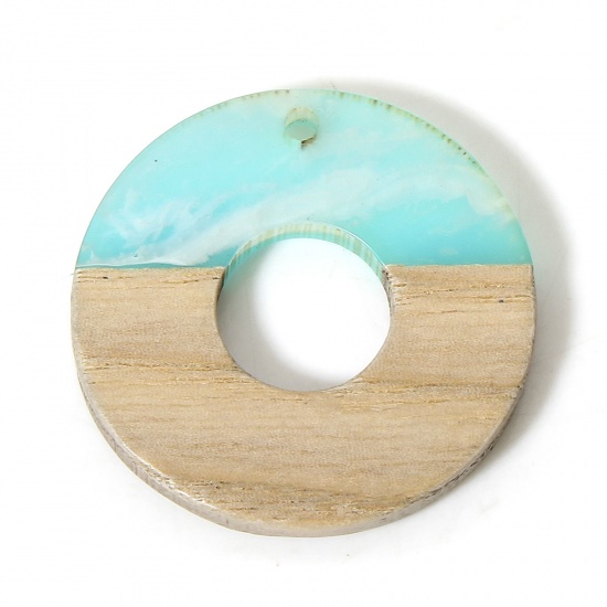 2 個 木目調樹脂 チャーム ターコイズ色 環状 28mm の画像