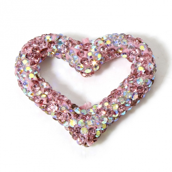 Immagine di 1 Pz Argilla Separatori San Valentino Perline per la Creazione di Gioielli con Ciondoli Fai-da-te Cuore Rosa AB Colore Strass Circa 3.4cm x 2.9cm, Foro: Circa 1.2mm