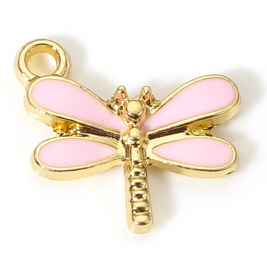 Picture of 10 PCs Zinc Based Alloy Insect Charms Gold Plated Light Pink Dragonfly Animal Enamel 15.5mm x 14.5mm