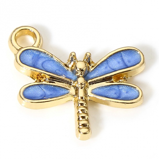 Picture of 10 PCs Zinc Based Alloy Insect Charms Gold Plated Dark Blue Dragonfly Animal Enamel 15.5mm x 14.5mm